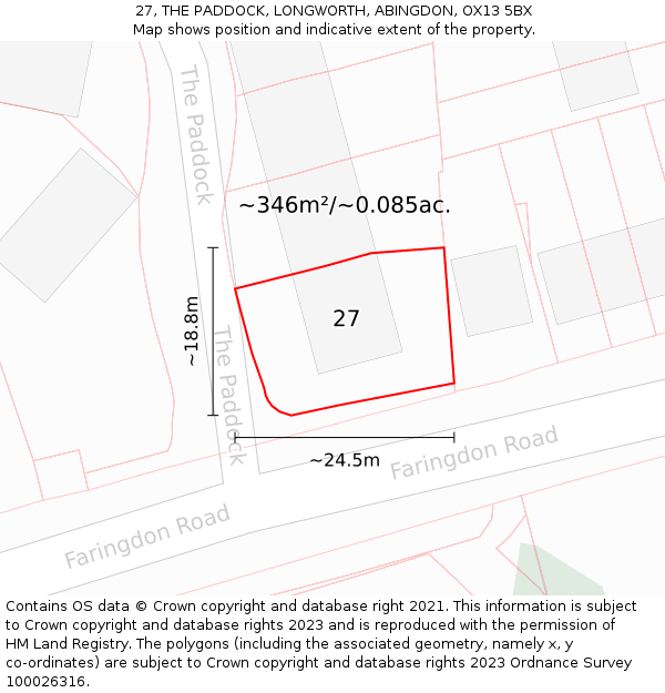 27, THE PADDOCK, LONGWORTH, ABINGDON, OX13 5BX: Plot and title map