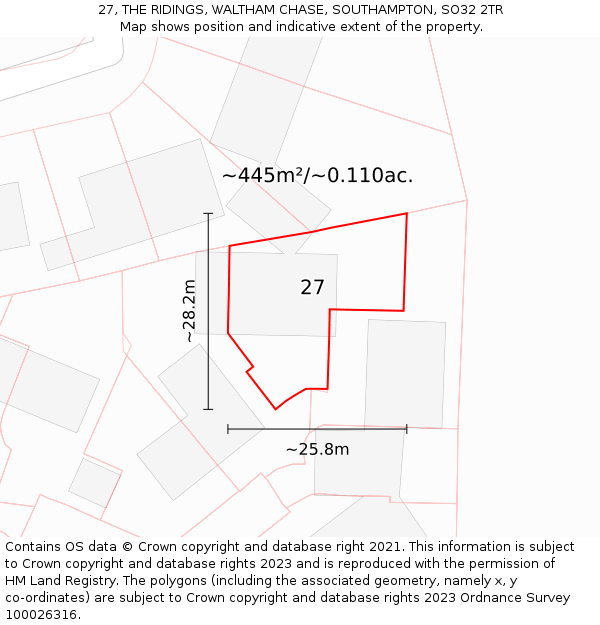 27, THE RIDINGS, WALTHAM CHASE, SOUTHAMPTON, SO32 2TR: Plot and title map
