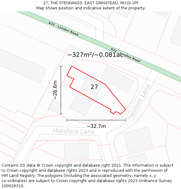 27, THE STENNINGS, EAST GRINSTEAD, RH19 1PF: Plot and title map