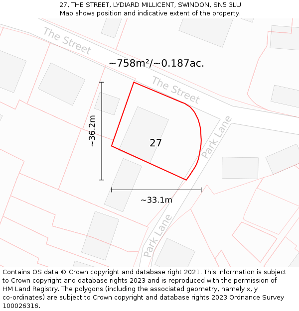 27, THE STREET, LYDIARD MILLICENT, SWINDON, SN5 3LU: Plot and title map