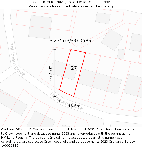 27, THIRLMERE DRIVE, LOUGHBOROUGH, LE11 3SX: Plot and title map