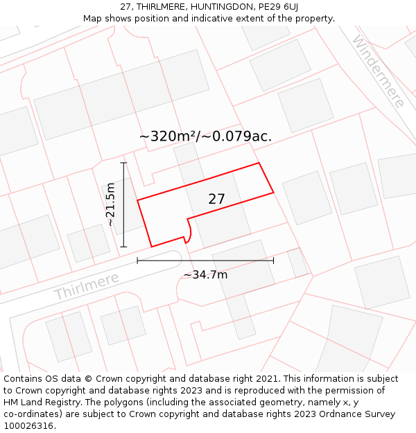 27, THIRLMERE, HUNTINGDON, PE29 6UJ: Plot and title map