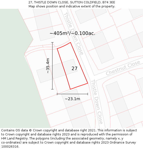 27, THISTLE DOWN CLOSE, SUTTON COLDFIELD, B74 3EE: Plot and title map