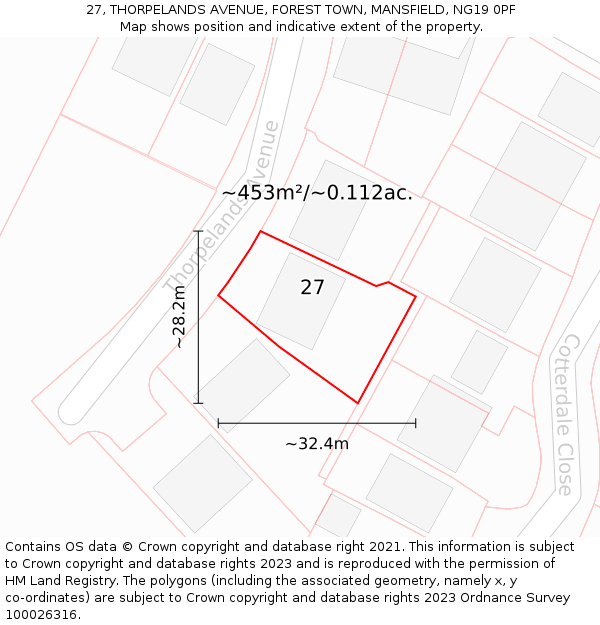 27, THORPELANDS AVENUE, FOREST TOWN, MANSFIELD, NG19 0PF: Plot and title map