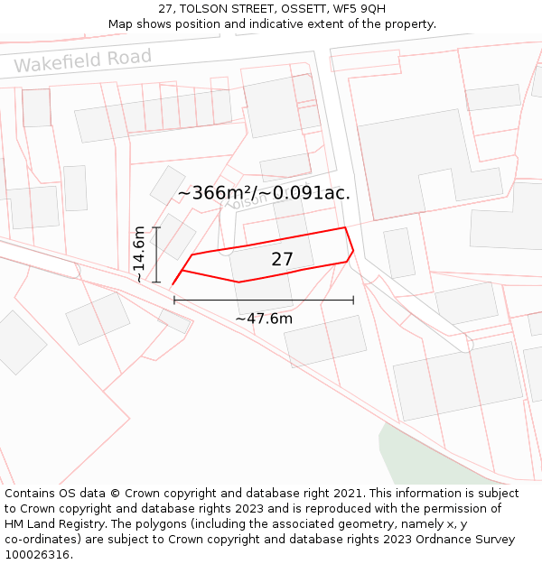 27, TOLSON STREET, OSSETT, WF5 9QH: Plot and title map