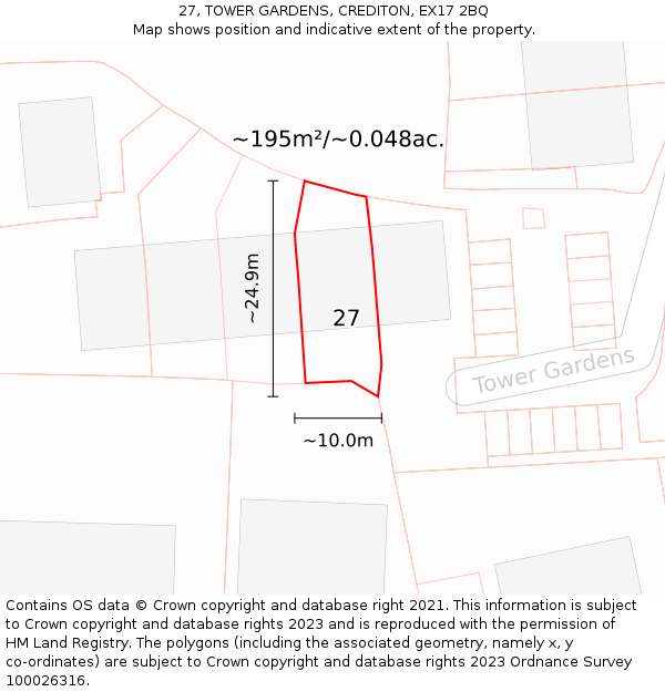 27, TOWER GARDENS, CREDITON, EX17 2BQ: Plot and title map