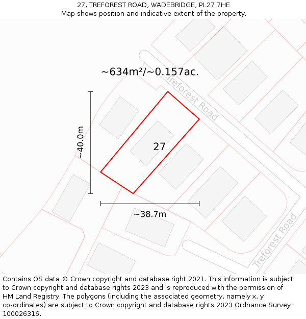 27, TREFOREST ROAD, WADEBRIDGE, PL27 7HE: Plot and title map