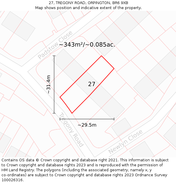 27, TREGONY ROAD, ORPINGTON, BR6 9XB: Plot and title map