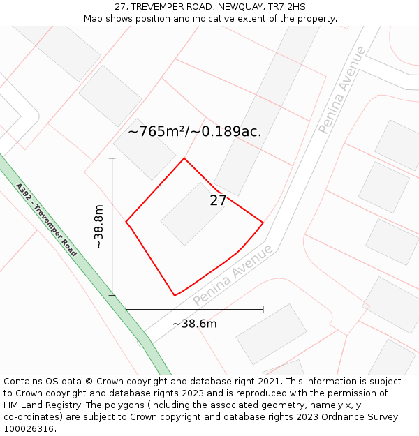 27, TREVEMPER ROAD, NEWQUAY, TR7 2HS: Plot and title map