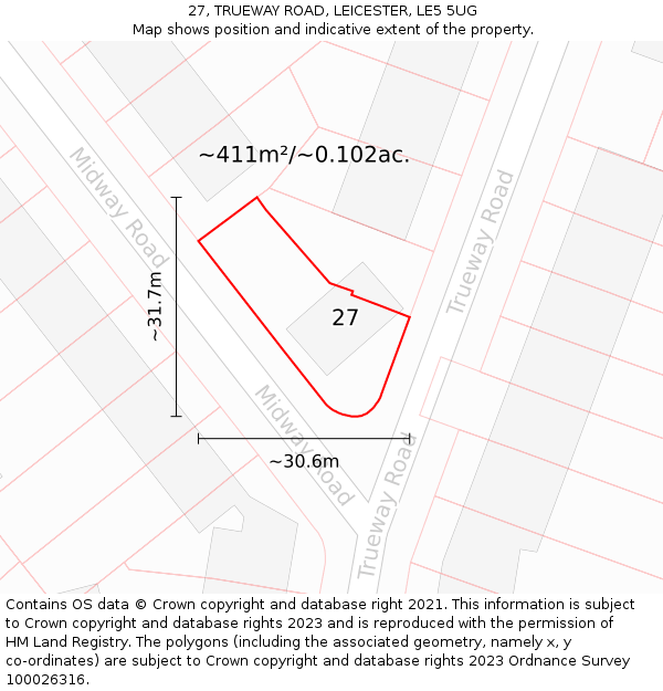 27, TRUEWAY ROAD, LEICESTER, LE5 5UG: Plot and title map