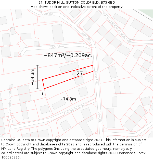 27, TUDOR HILL, SUTTON COLDFIELD, B73 6BD: Plot and title map