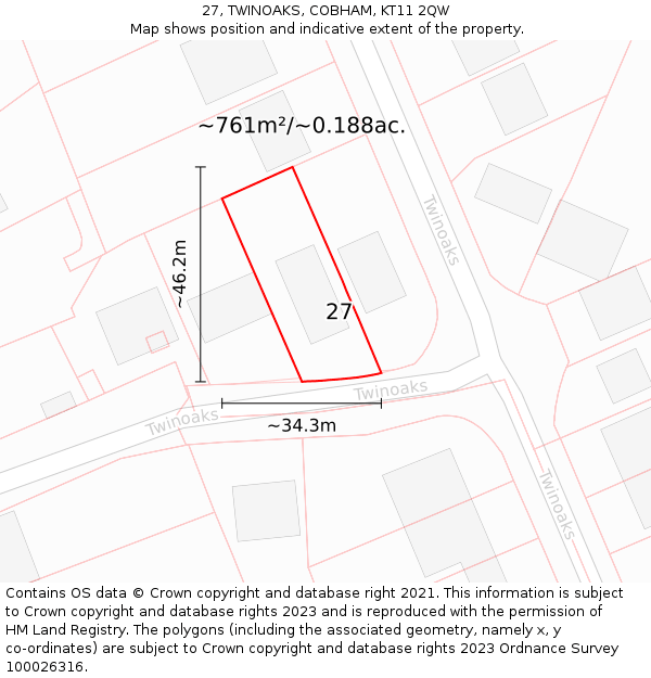 27, TWINOAKS, COBHAM, KT11 2QW: Plot and title map