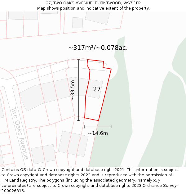 27, TWO OAKS AVENUE, BURNTWOOD, WS7 1FP: Plot and title map