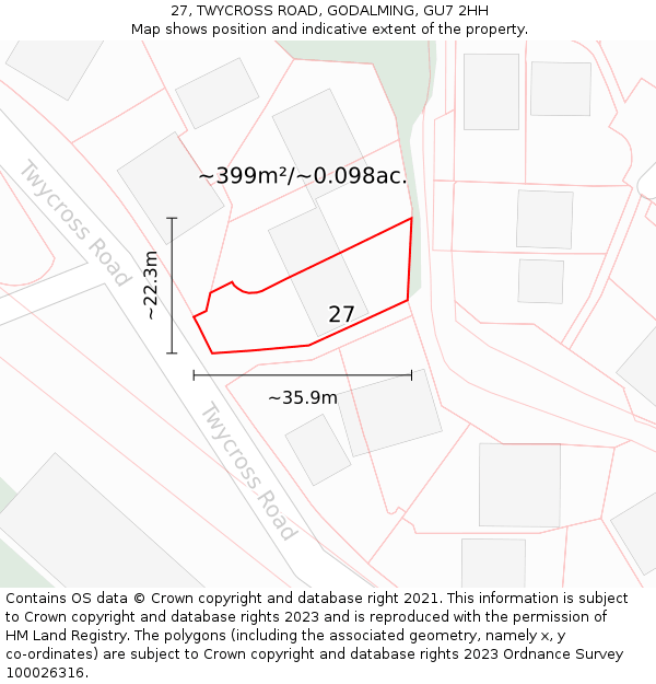 27, TWYCROSS ROAD, GODALMING, GU7 2HH: Plot and title map