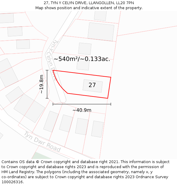 27, TYN Y CELYN DRIVE, LLANGOLLEN, LL20 7PN: Plot and title map