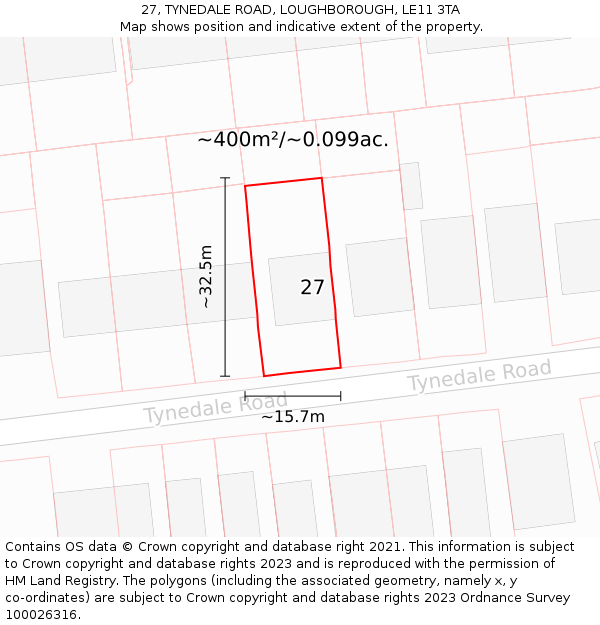 27, TYNEDALE ROAD, LOUGHBOROUGH, LE11 3TA: Plot and title map