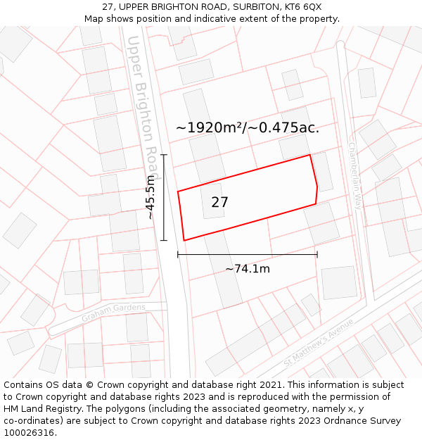 27, UPPER BRIGHTON ROAD, SURBITON, KT6 6QX: Plot and title map