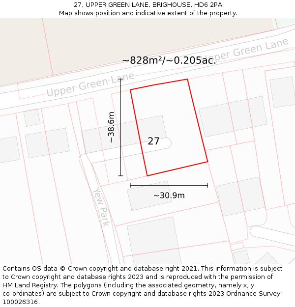 27, UPPER GREEN LANE, BRIGHOUSE, HD6 2PA: Plot and title map