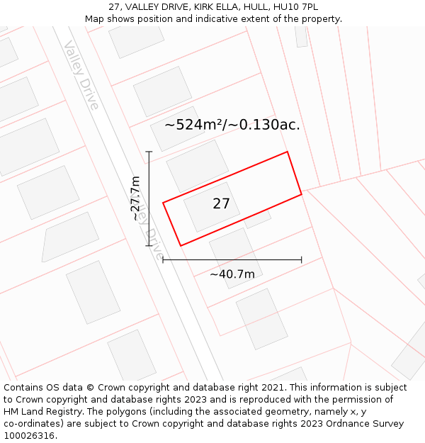 27, VALLEY DRIVE, KIRK ELLA, HULL, HU10 7PL: Plot and title map