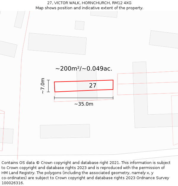 27, VICTOR WALK, HORNCHURCH, RM12 4XG: Plot and title map