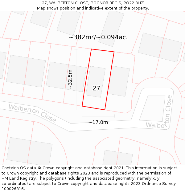 27, WALBERTON CLOSE, BOGNOR REGIS, PO22 8HZ: Plot and title map