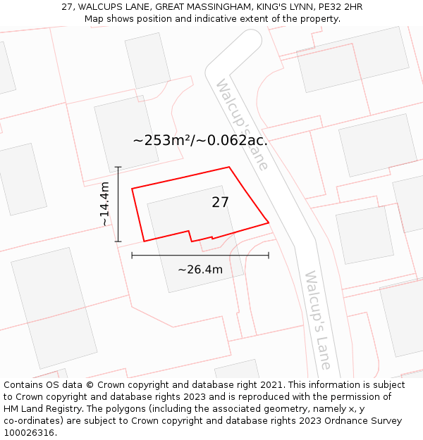 27, WALCUPS LANE, GREAT MASSINGHAM, KING'S LYNN, PE32 2HR: Plot and title map