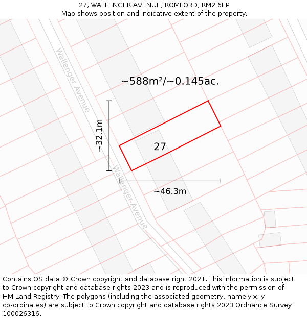 27, WALLENGER AVENUE, ROMFORD, RM2 6EP: Plot and title map