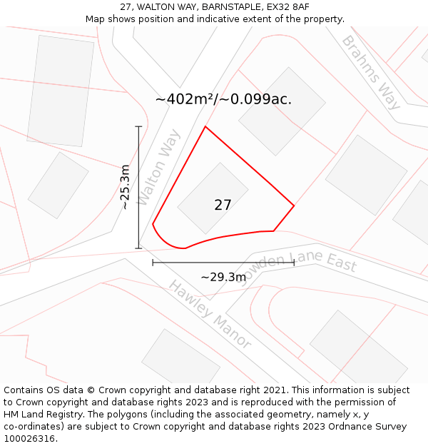 27, WALTON WAY, BARNSTAPLE, EX32 8AF: Plot and title map