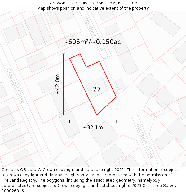 27, WARDOUR DRIVE, GRANTHAM, NG31 9TY: Plot and title map