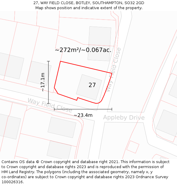 27, WAY FIELD CLOSE, BOTLEY, SOUTHAMPTON, SO32 2GD: Plot and title map