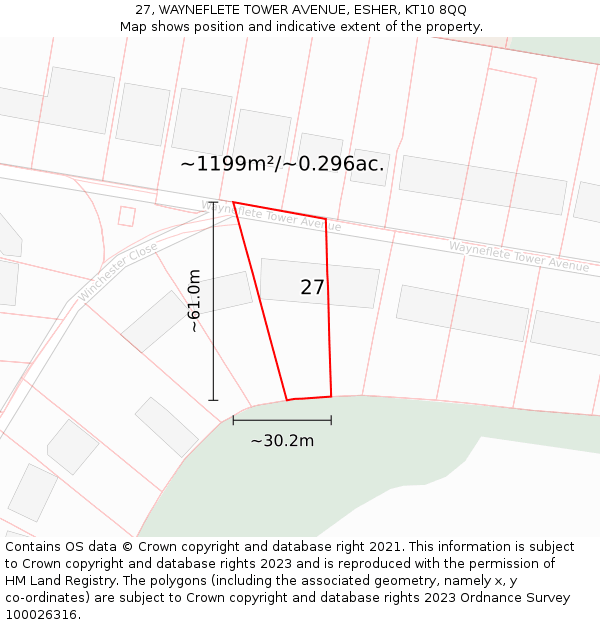 27, WAYNEFLETE TOWER AVENUE, ESHER, KT10 8QQ: Plot and title map