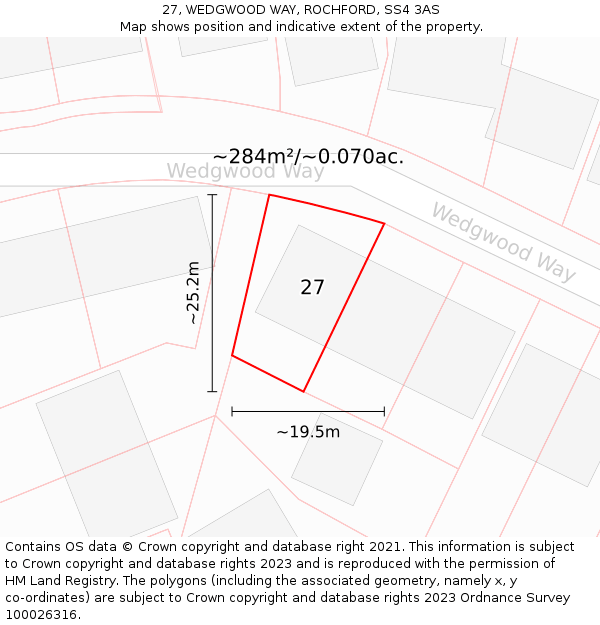 27, WEDGWOOD WAY, ROCHFORD, SS4 3AS: Plot and title map