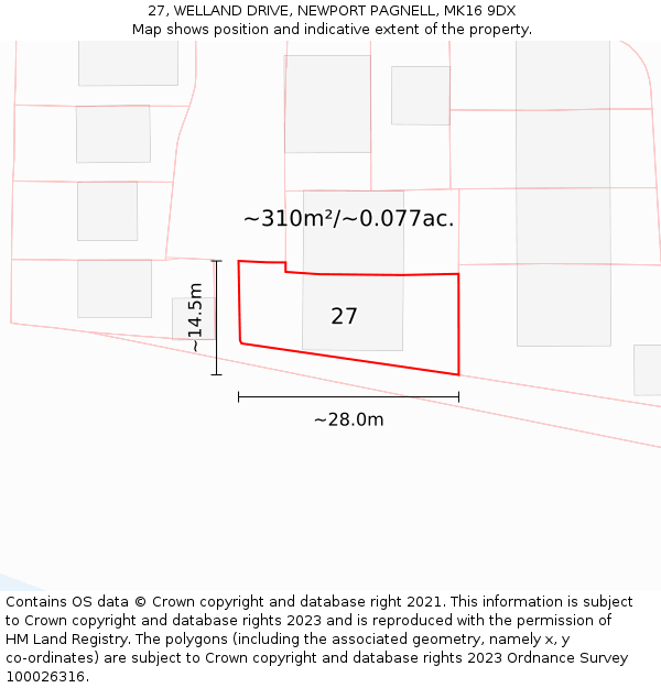 27, WELLAND DRIVE, NEWPORT PAGNELL, MK16 9DX: Plot and title map