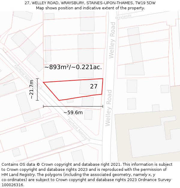 27, WELLEY ROAD, WRAYSBURY, STAINES-UPON-THAMES, TW19 5DW: Plot and title map