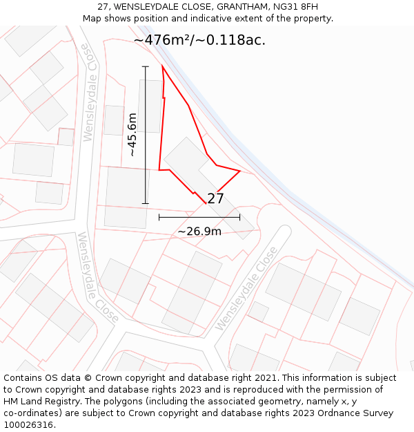 27, WENSLEYDALE CLOSE, GRANTHAM, NG31 8FH: Plot and title map