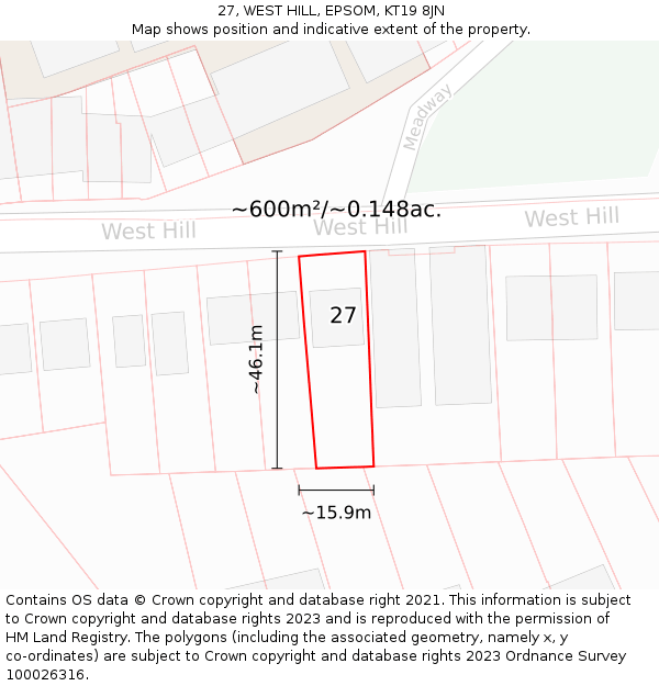 27, WEST HILL, EPSOM, KT19 8JN: Plot and title map