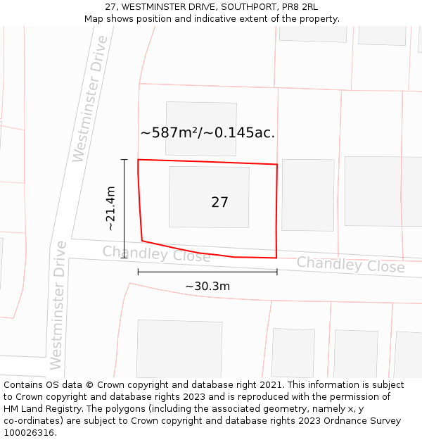 27, WESTMINSTER DRIVE, SOUTHPORT, PR8 2RL: Plot and title map