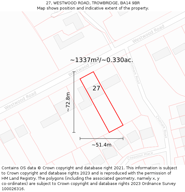 27, WESTWOOD ROAD, TROWBRIDGE, BA14 9BR: Plot and title map