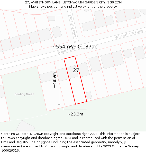 27, WHITETHORN LANE, LETCHWORTH GARDEN CITY, SG6 2DN: Plot and title map