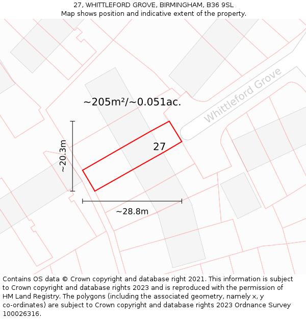 27, WHITTLEFORD GROVE, BIRMINGHAM, B36 9SL: Plot and title map