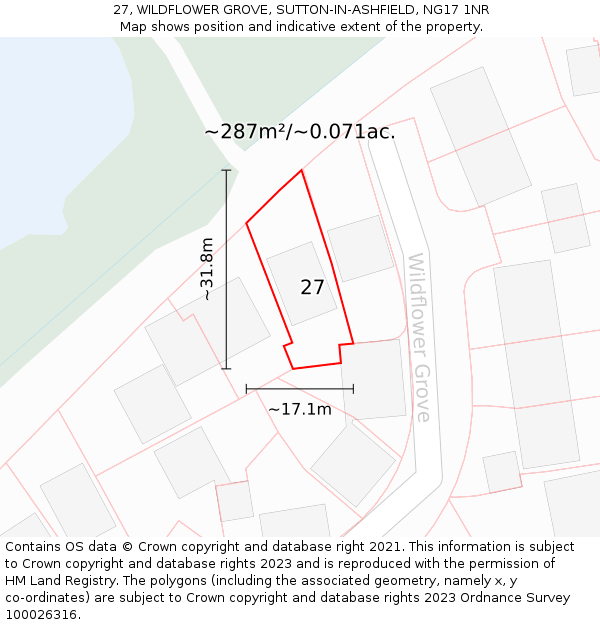 27, WILDFLOWER GROVE, SUTTON-IN-ASHFIELD, NG17 1NR: Plot and title map