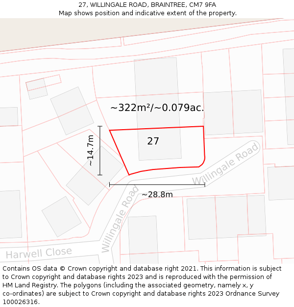 27, WILLINGALE ROAD, BRAINTREE, CM7 9FA: Plot and title map