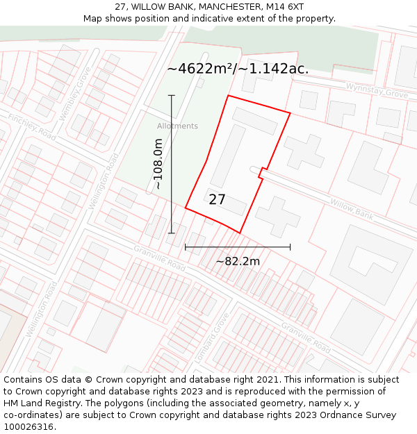 27, WILLOW BANK, MANCHESTER, M14 6XT: Plot and title map