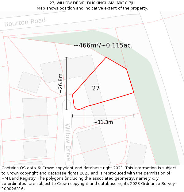 27, WILLOW DRIVE, BUCKINGHAM, MK18 7JH: Plot and title map