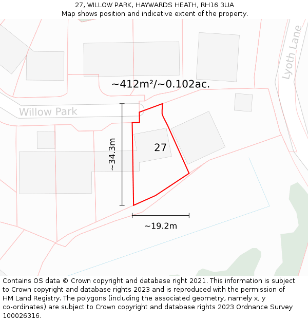 27, WILLOW PARK, HAYWARDS HEATH, RH16 3UA: Plot and title map