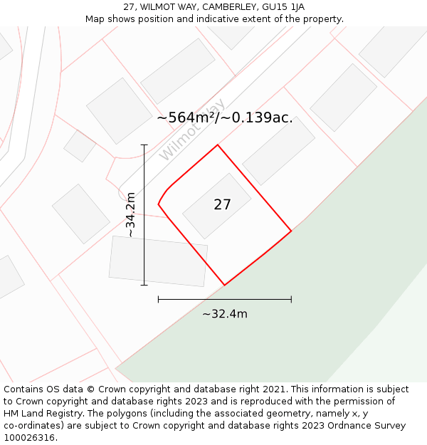 27, WILMOT WAY, CAMBERLEY, GU15 1JA: Plot and title map