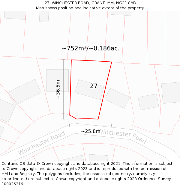 27, WINCHESTER ROAD, GRANTHAM, NG31 8AD: Plot and title map