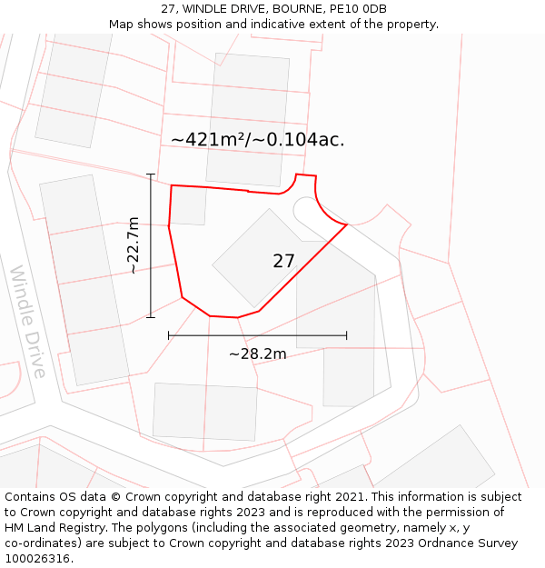 27, WINDLE DRIVE, BOURNE, PE10 0DB: Plot and title map