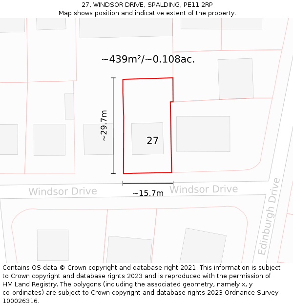 27, WINDSOR DRIVE, SPALDING, PE11 2RP: Plot and title map