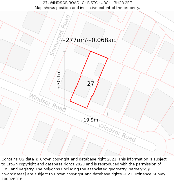 27, WINDSOR ROAD, CHRISTCHURCH, BH23 2EE: Plot and title map
